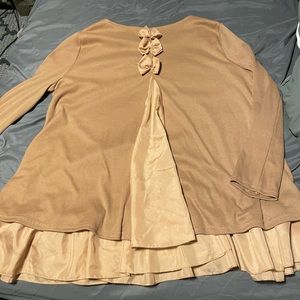 Tan blouse/dressy shirt with bows and silk detailing on back